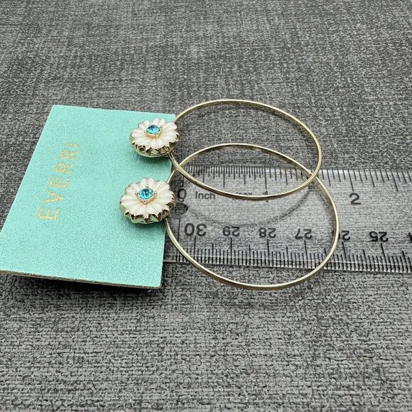 Everri White Blue Flower Hoop Earrings Rhinestone Glass Gold Tone Statement - Picture 6 of 8